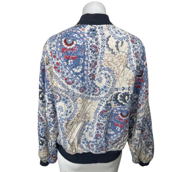 Free People Women's Blue Multicolor Floral Paisley Quilted Bomber Coat Jacket S - Picture 2 of 5